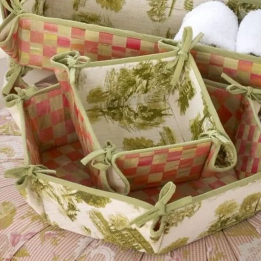 Mackenzie-Childs Tulip Check & Toile Reversible Fabric Serving Basket - Small